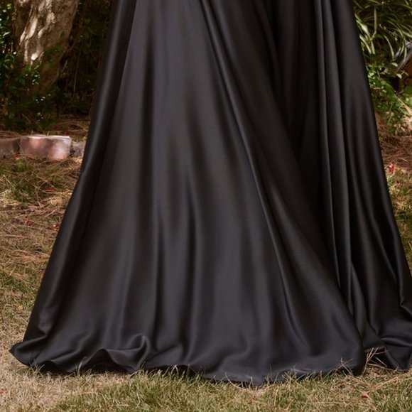 NEW BLACK A-LINE OFF THE SHOULDER SLEEVELESS SATIN DRESS WITH SIDE SLIT CD7493 - Picture 6 of 8